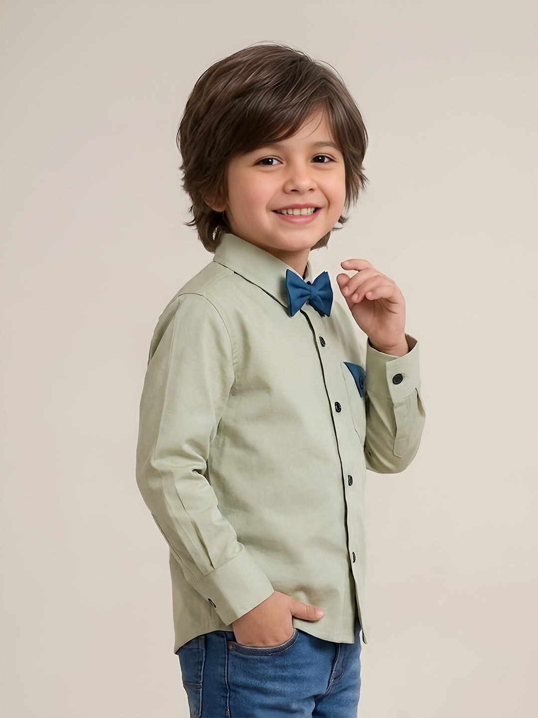 Polka Tots Full sleeves shirt with Bow Tie - Beige