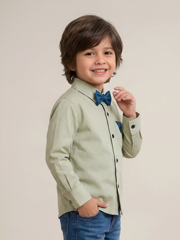 Polka Tots Full sleeves shirt with Bow Tie - Beige