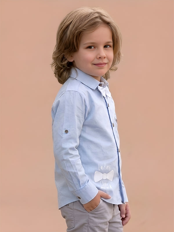 Polka Tots Full sleeves Ladies I Have arrived print shirt with white bow - Blue