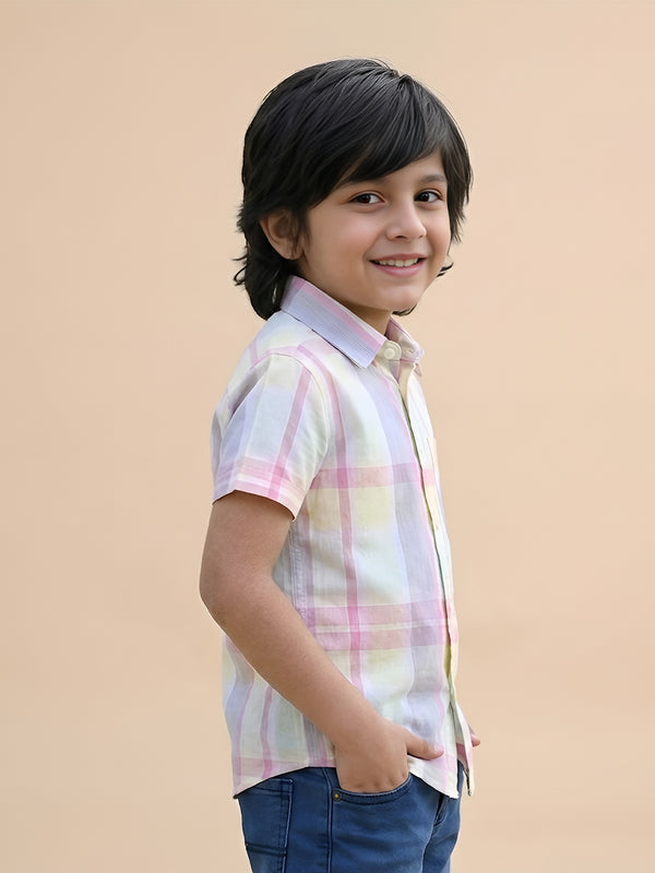 Polka Tots Half Sleeves Checks print Kids Shirt - Yellow