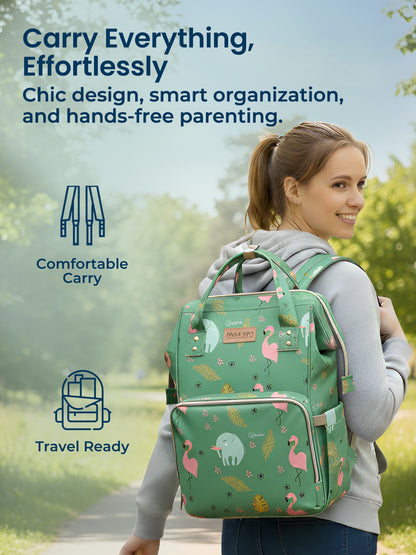 Woman carrying a green backpack with flamingo design outdoors, text about product features.