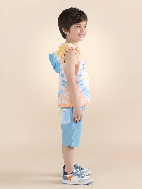 Polka Tots Sleeveless Tie dye print T-Shirt Shorts with attached Hoodie - Multicolor