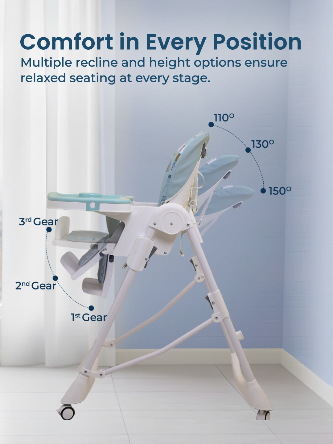 High chair with multiple recline and height options on a white background