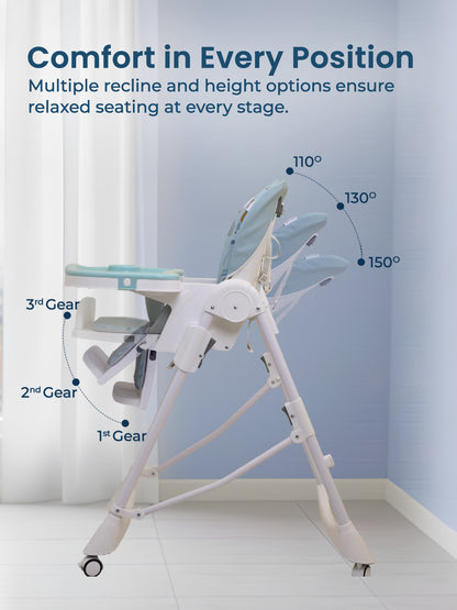 High chair with multiple recline and height options on a white background