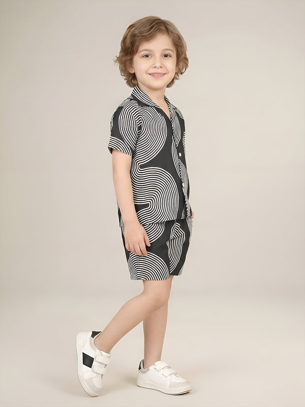 Polka Tots Half Sleeves Geometric print Co-ords - Black