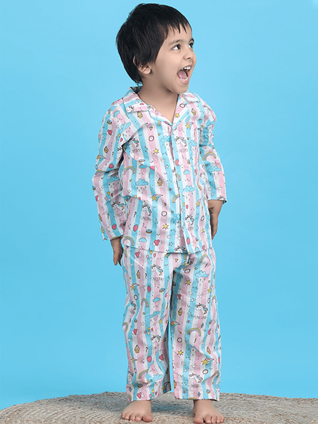 Polka Tots Full sleeves Unicorn print Stripes Night suit - Pink