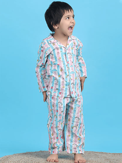 Polka Tots Full sleeves Unicorn print Stripes Night suit - Pink