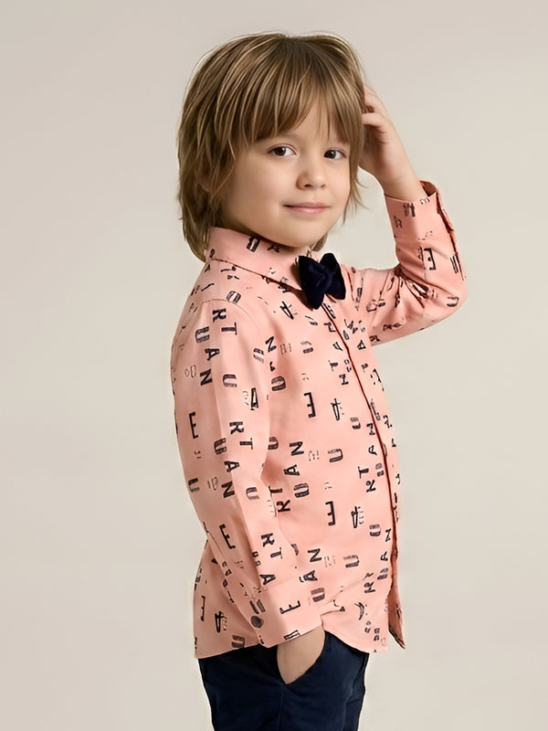 Polka Tots Full Sleeve Lycra Shirt Alphabet Print with Bow Tie Peach