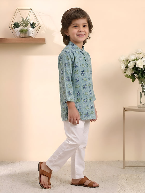 Polka Tots Cotton Full Sleeve Floral Printed Ethnic Kurta Pyjama Set - Green