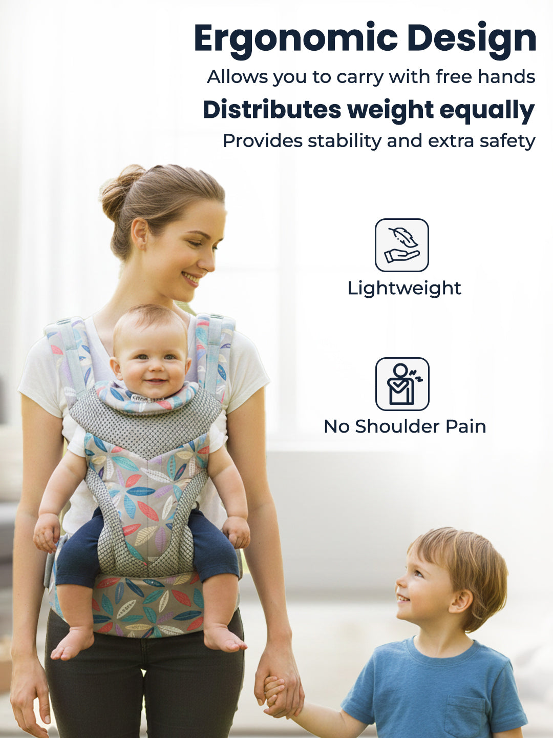 Woman carrying a baby in an ergonomic baby carrier with text highlighting its benefits.