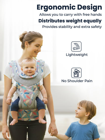 Woman carrying a baby in an ergonomic baby carrier with text highlighting its benefits.