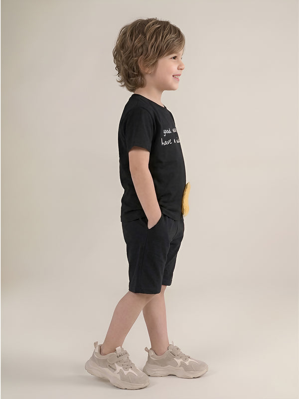Polka Tots Half Sleeves Sun Patch T-Shirt Shorts - Black