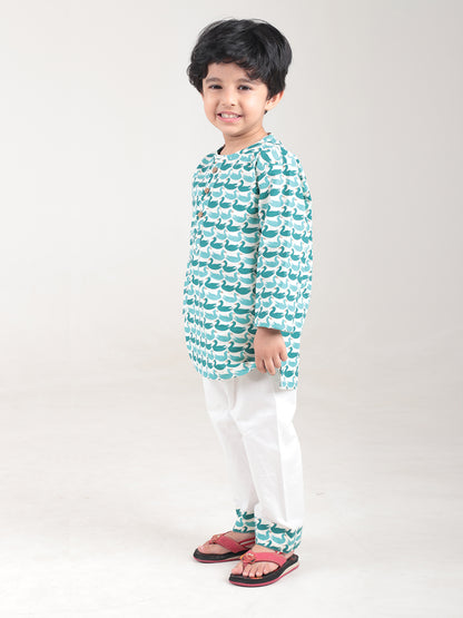Polka Tots Full sleeves Swan print Nightwear Kurta pyjama set - Green