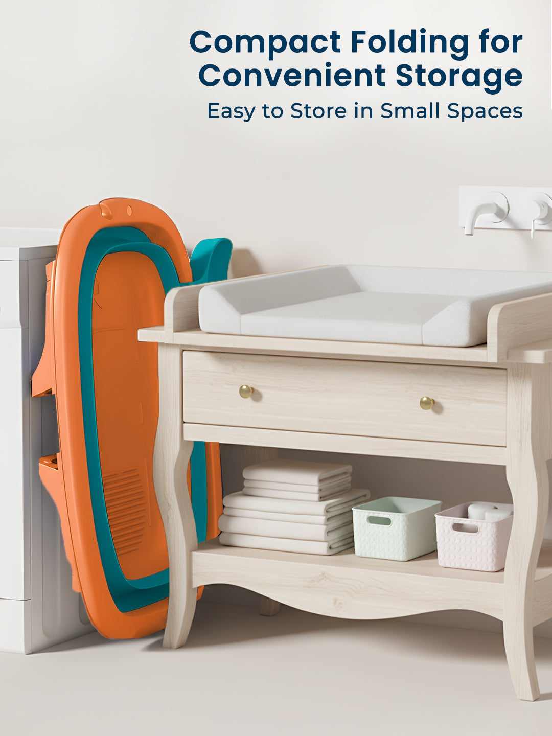 Compact folding baby changing table with storage options on a white background