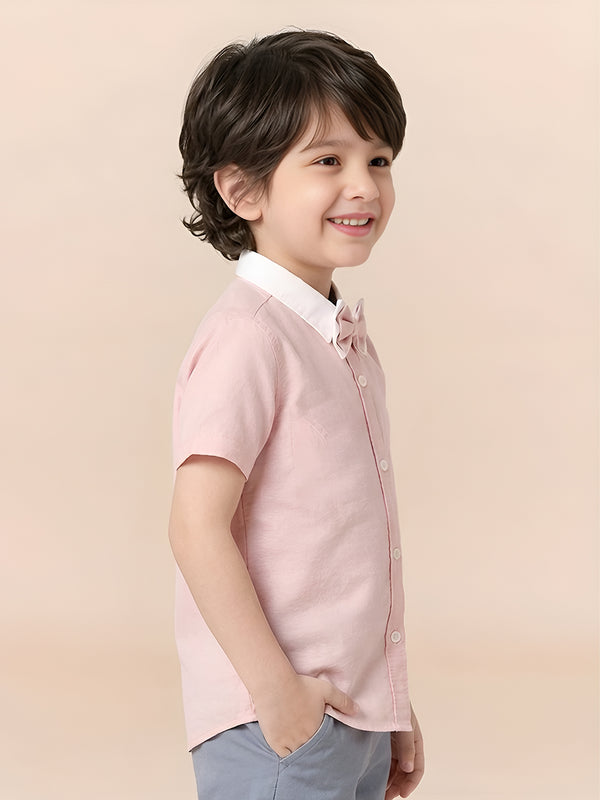 Polka Tots Half Sleeves Plain Shirt With Dual Bow Tie - Pink