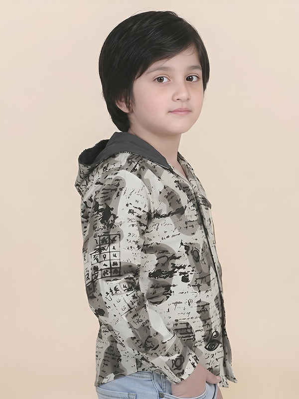 Polka Tots Full Sleeves Abstract Scribble Print Hooded Kids Shirt with Smiley Patch - Cream