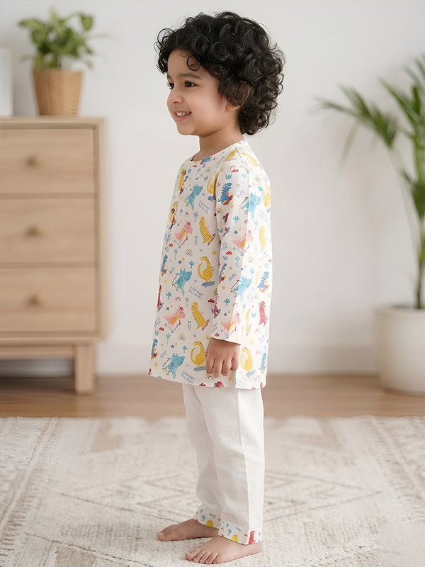 Polka Tots Dinosaur print Full Sleeves Nightwear Kurta pyjama set - White