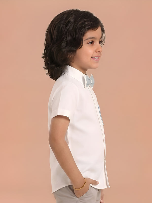 Polka Tots Half Sleeve plain Shirt with Dual Bow Tie - White