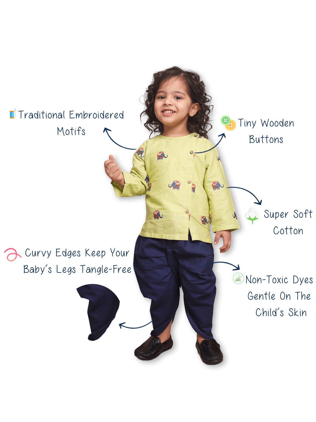 Polka Tots Full Sleeve Elephant Embroidery Angrakha Top With Dhoti - Green