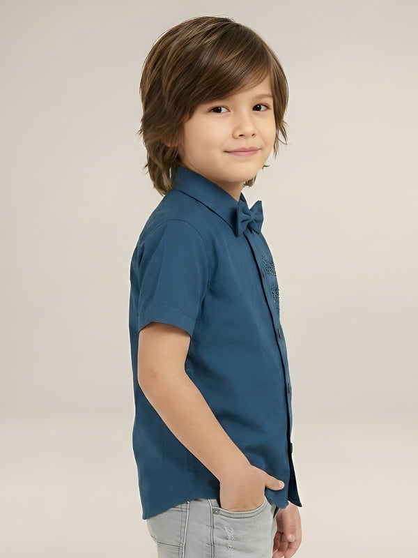 Polka Tots Cotton Regular Fit Sassy Since Birth Diamonds Party Wear Shirt With Bow Tie - Navy Blue