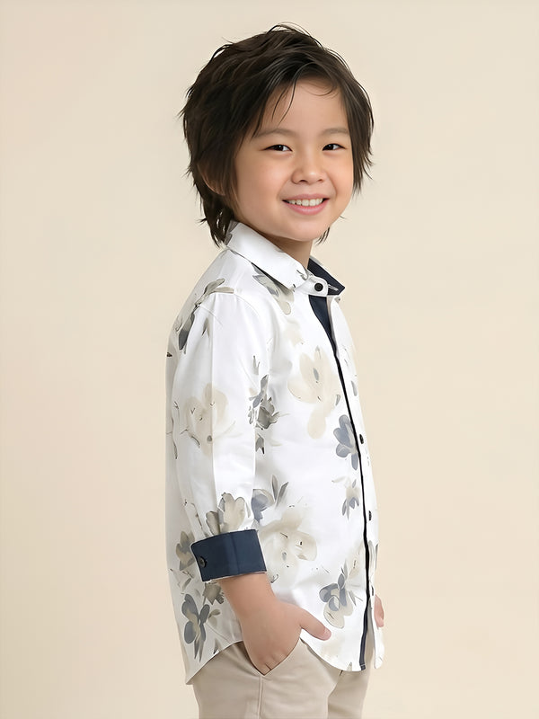 Polka Tots Full Sleeve Shirt yellow Blue Floral Print - White