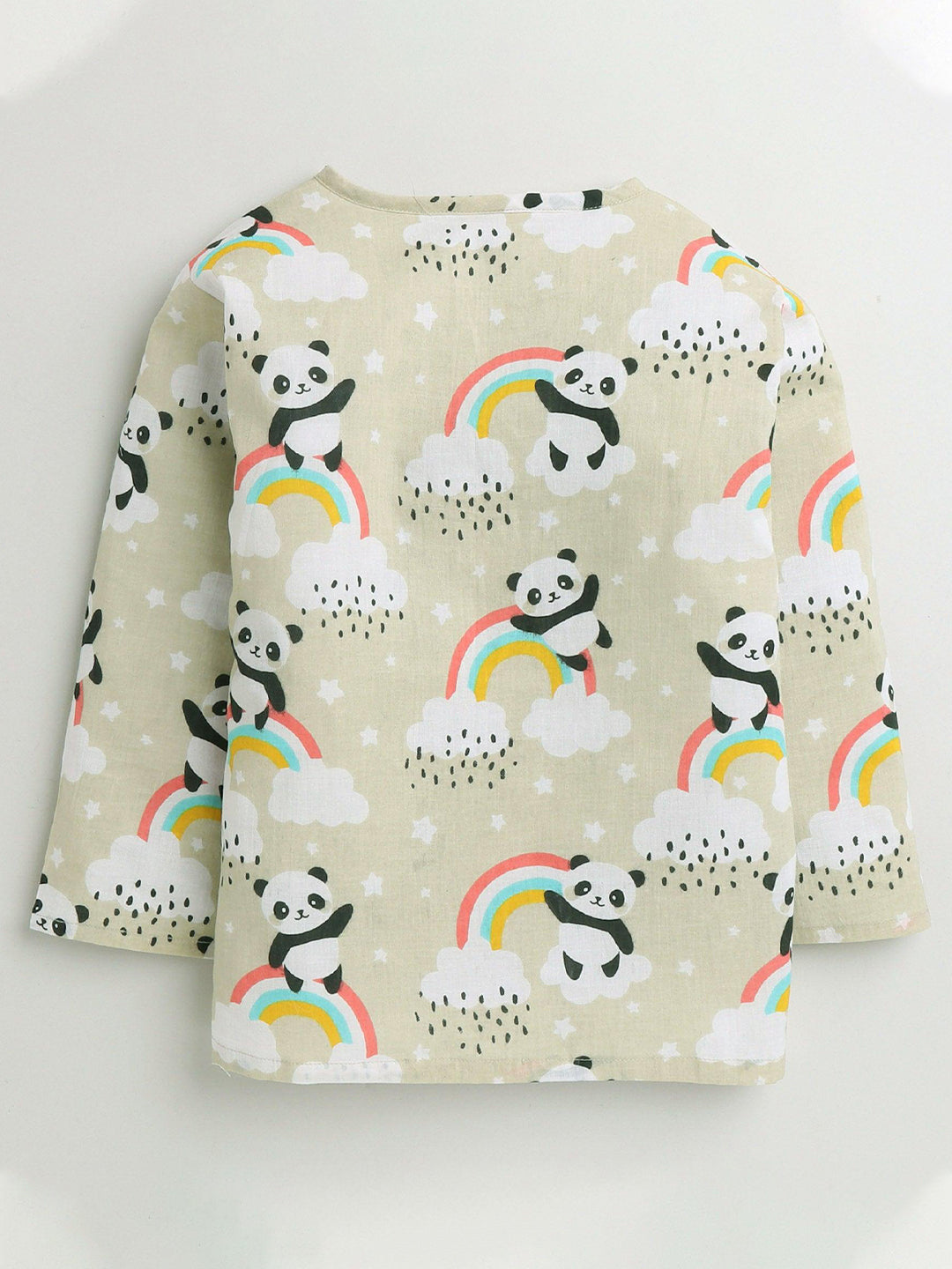Polka Tots Panda Rainbow Print Full sleeves Nightwear Kurta pyjama set - Cream