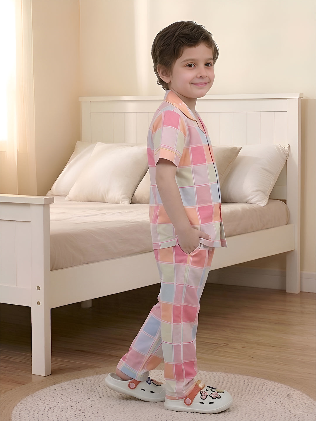 Polka Tots Half sleeves Box print Night Suit - Multicolor