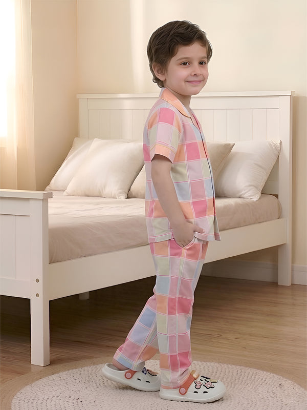 Polka Tots Half sleeves Box print Night Suit - Multicolor