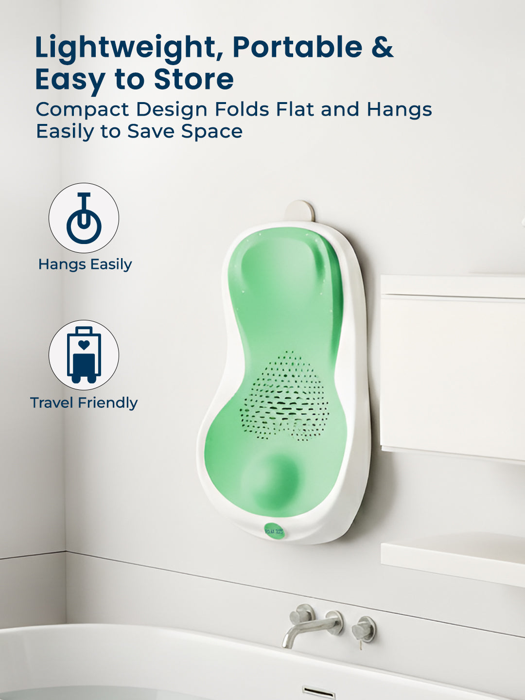 Green and white bath pillow hanging on a bathroom wall with text about its features.