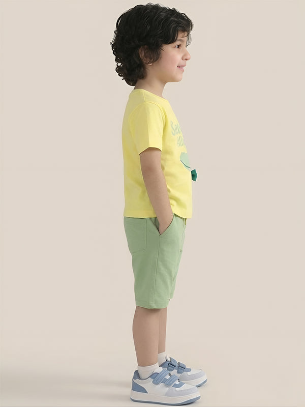 Polka Tots Half Sleeves Alligator print T-Shirt Shorts - Yellow and Green