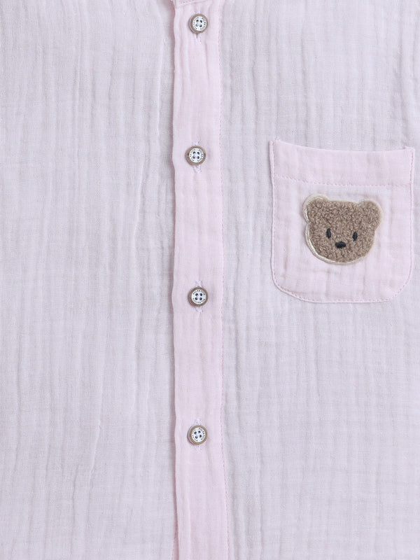 Polka Tots Crinkled Muslin Cotton Bear Pocket Patch Jhabla & Pant Set - Pink