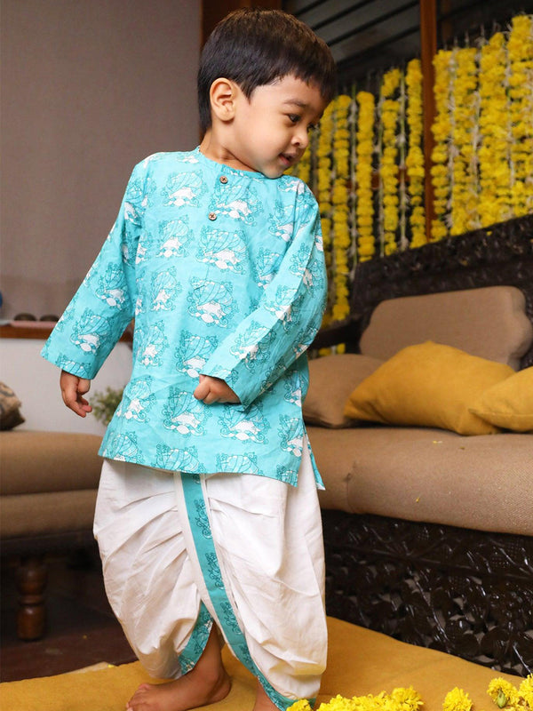 Polka Tots 100% Super Soft Cotton Tribal Print Full Sleeve Kurta With Dhoti Set - Sky Blue