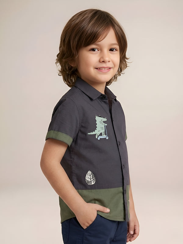 Polka Tots Half Sleeve Shirt 100% Cotton Linen Look Dinosaur Car - Grey