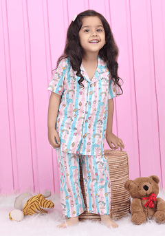 Polka Tots Half Sleeve Unicorn Stripes Print Night Suit - Multicolor