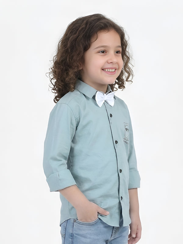 Polka Tots Full sleeve Ice Bear will Protect you print shirt with White Bow - Aqua Blue