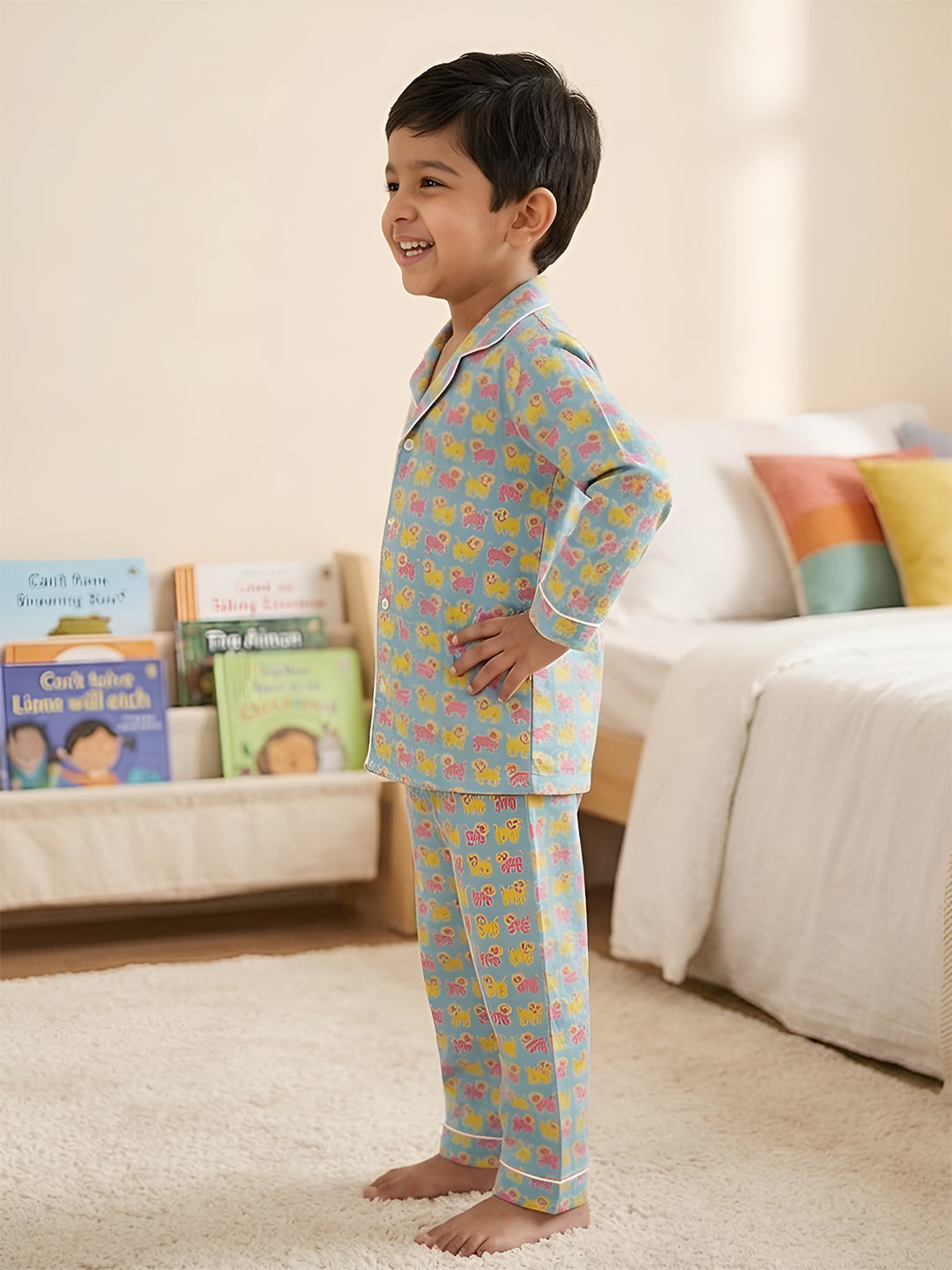 Polka Tots Full sleeve Lion print Night suit - Multicolor