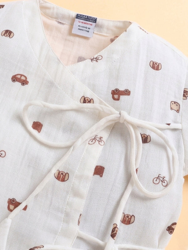 Polka Tots Wrinkled Muslin Cotton Playful Transport & Doodle Print Kediya Jhabla & Pant Set - Off White