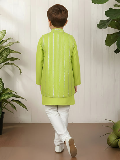 Polka Tots Full Sleeve Ethnic Kurta Pyjama Set with Foil Striped Koti - Neon Green