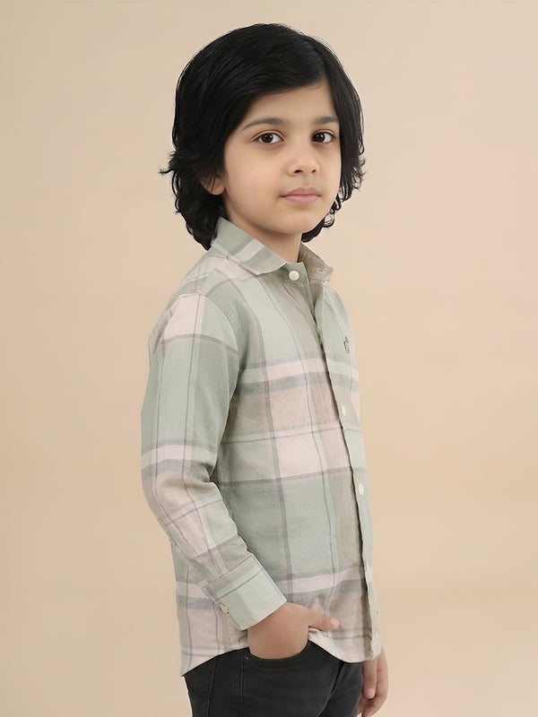 Polka Tots Full Sleeves Checks print Shirt - Green