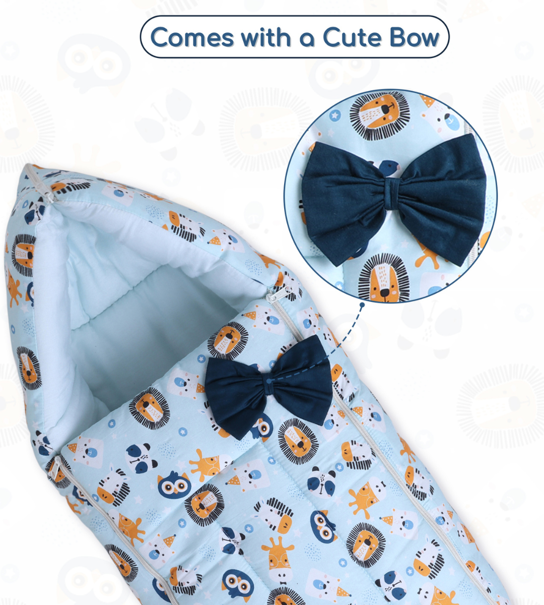 Polka Tots Baby Sleeping Nest Cotton Carry Pod Bedding for Newborn Sleeping Bag with a Bow - Lion print Blue