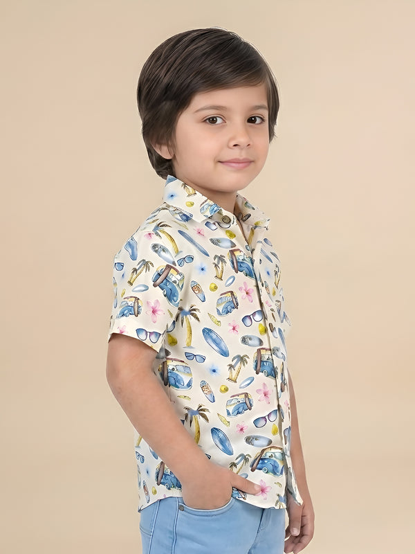 Polka Tots Half Sleeves Shirt Beach Print - Cream and Blue