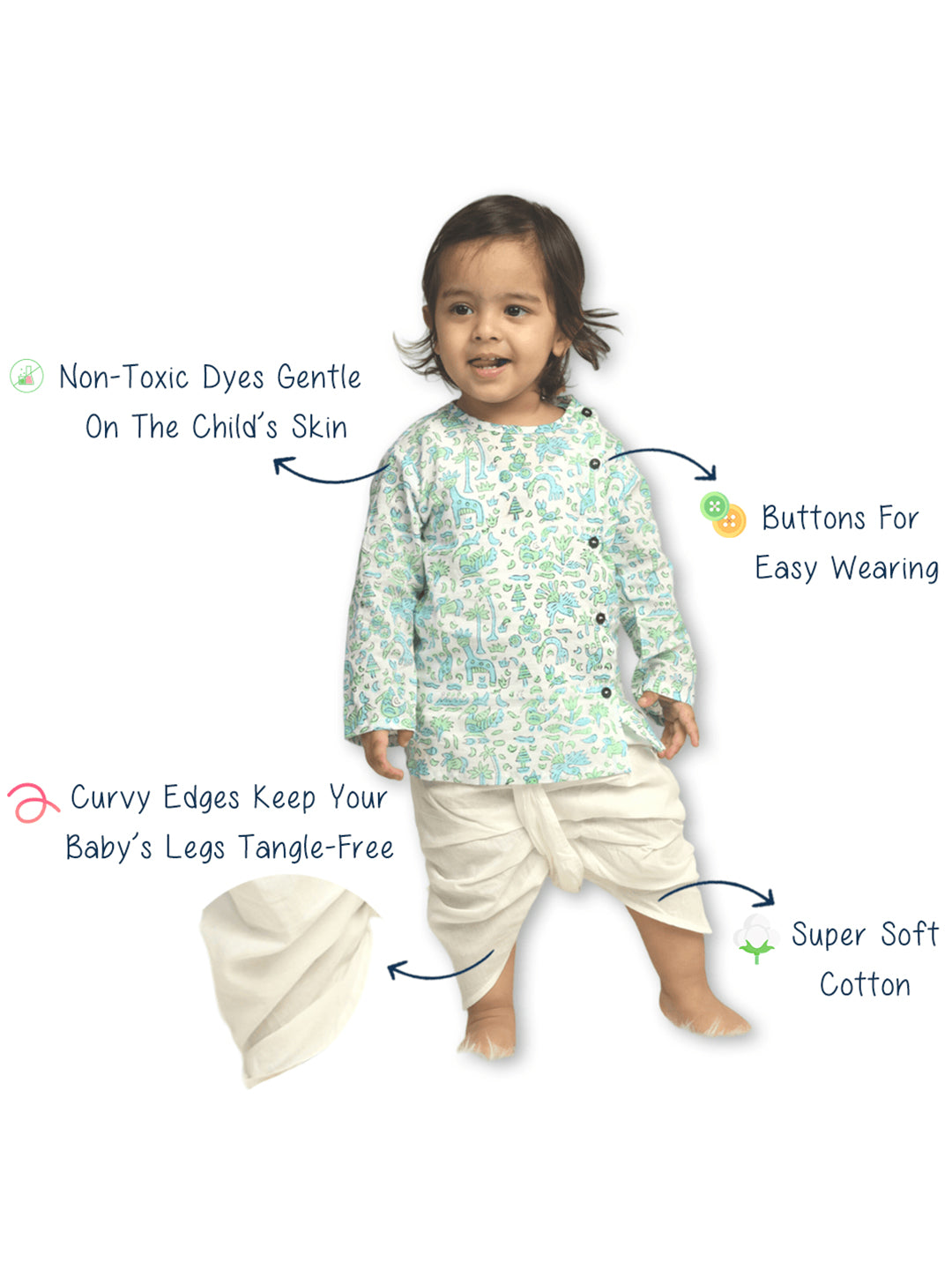 Polka Tots Cotton Full Sleeve Jungle Safari Print Angrakha Top With Dhoti - Blue