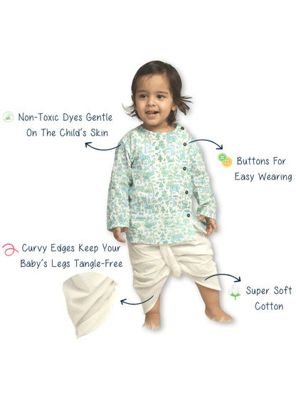 Polka Tots Cotton Full Sleeve Jungle Safari Print Angrakha Top With Dhoti - Blue