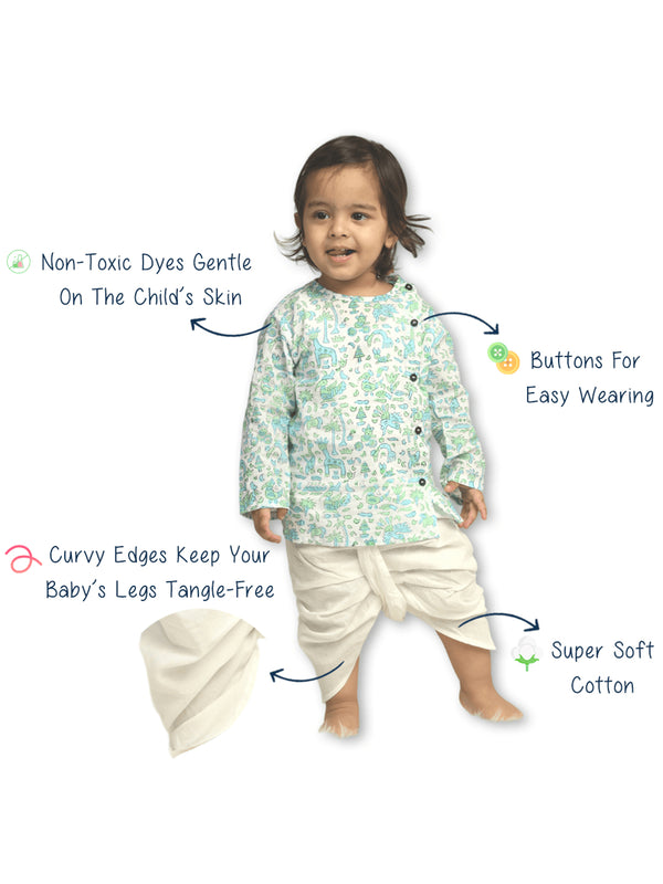 Polka Tots Cotton Full Sleeve Jungle Safari Print Angrakha Top With Dhoti - Blue