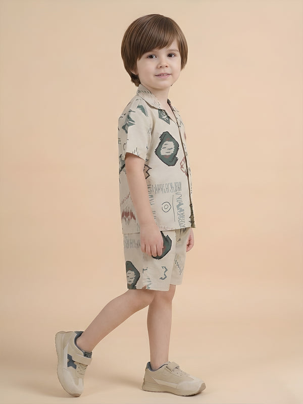 Polka Tots Half Sleeves Abstract print Co-ords - Cream