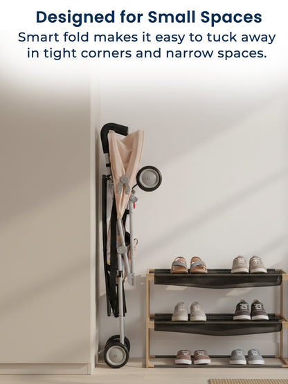 Shoe rack with folded umbrella and shoes, text 'Designed for Small Spaces' above.