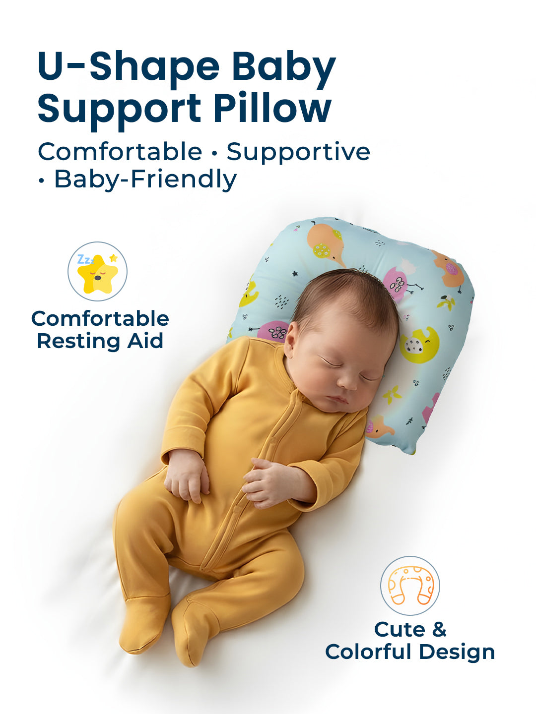 Baby lying on a U-shape baby support pillow with text highlighting features.
