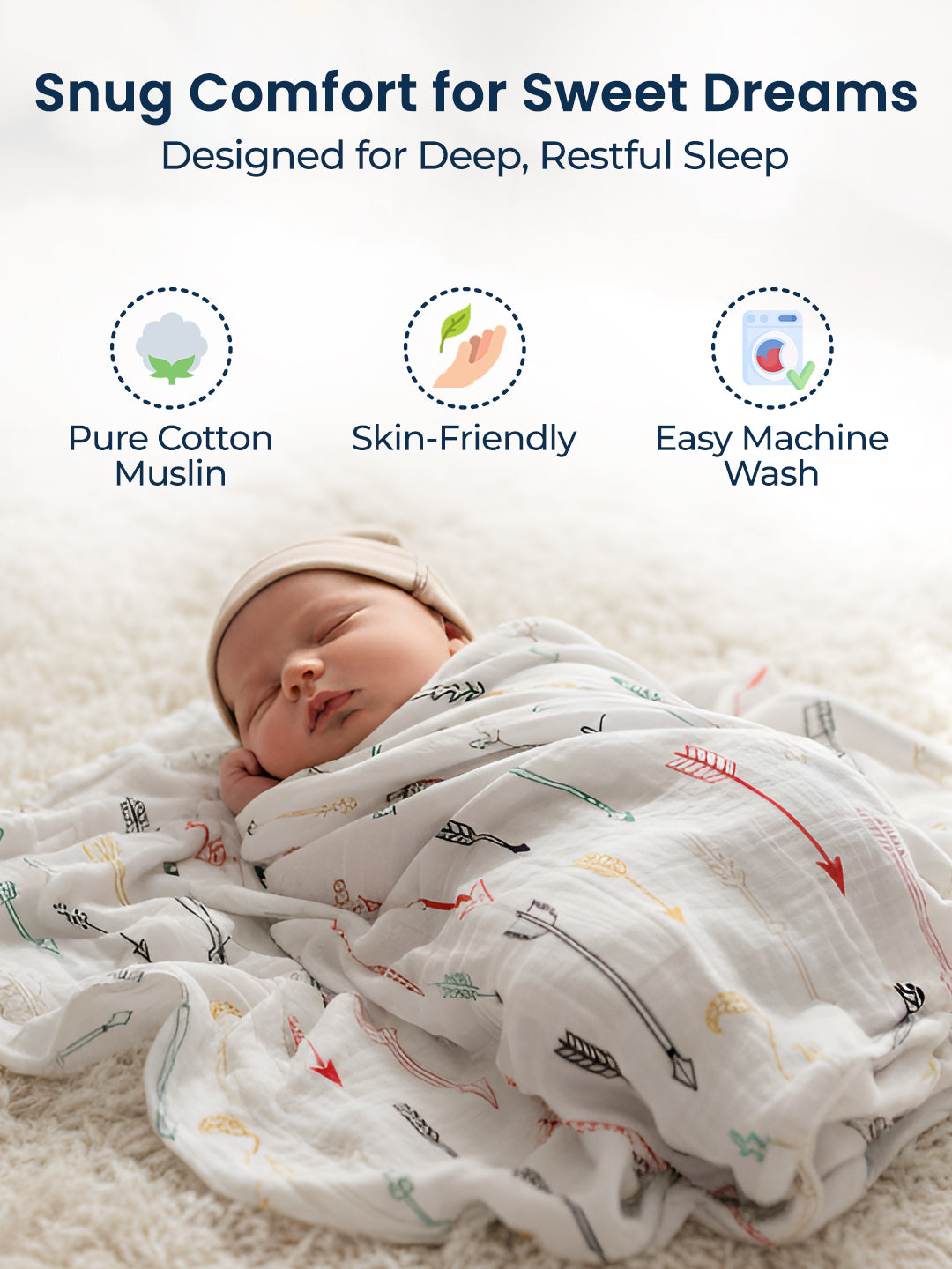 Baby swaddled in a patterned blanket with text about comfort and sleep quality.