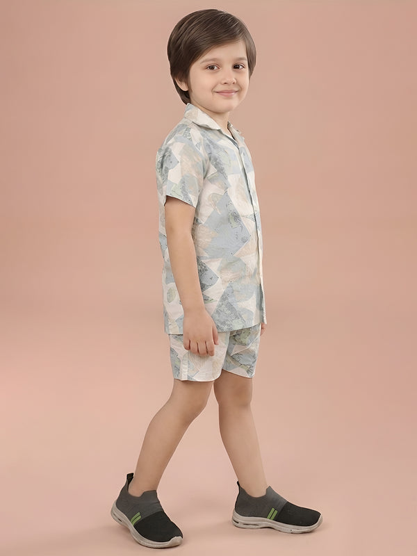 Polka Tots Cotton Half Sleeves Shirt With Shorts/Co-ord - White