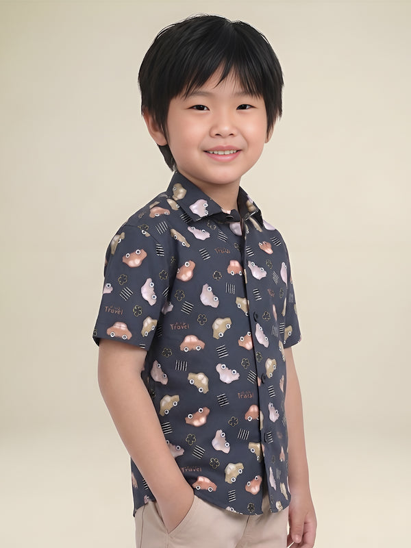 Polka Tots Half Sleeves Lets Go Travel print Shirt - Navy